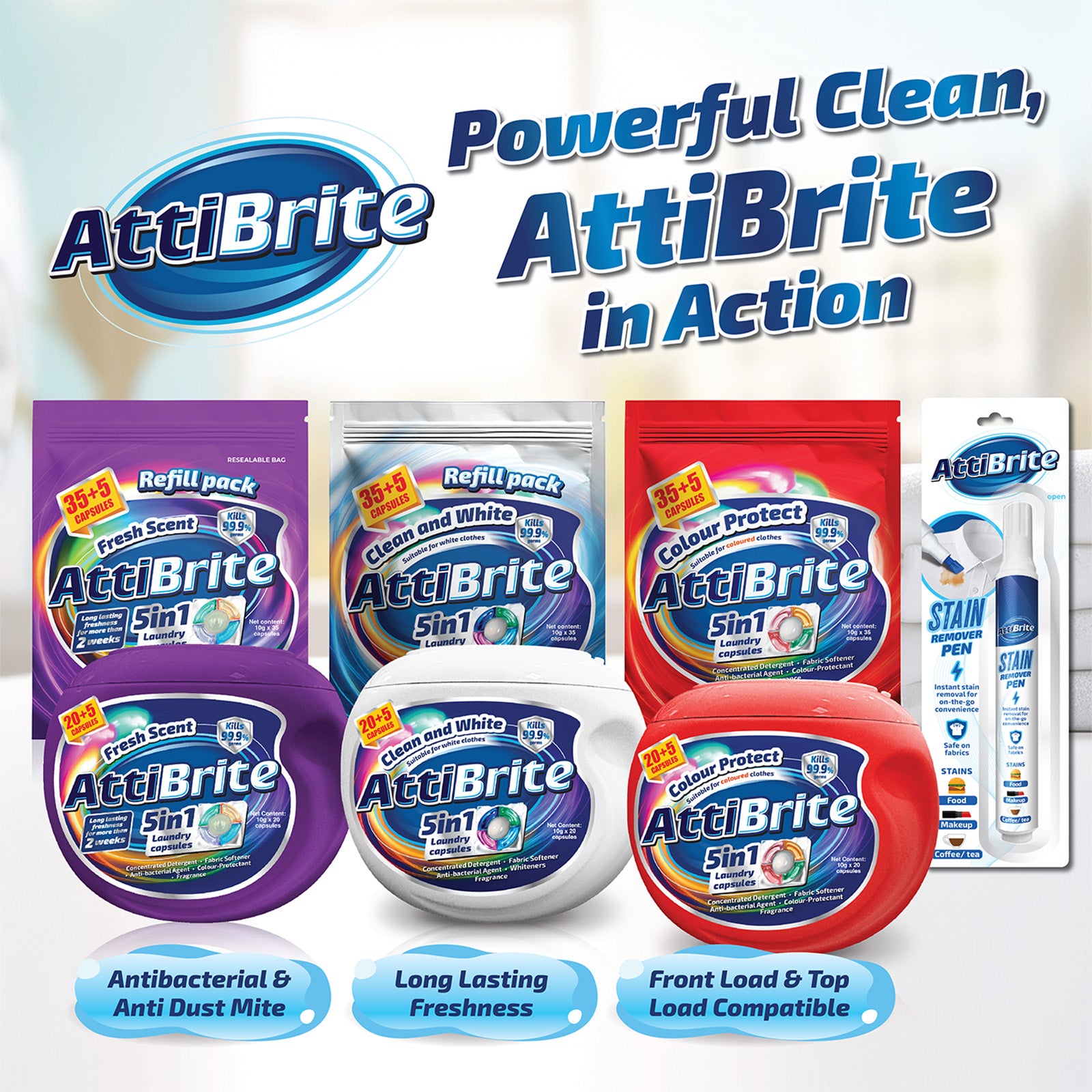 Attibrite Laundry Capsules Clean and White Refill 10g x 40